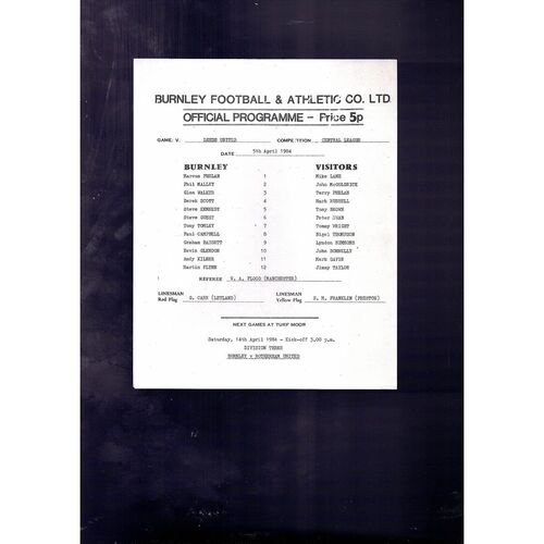 Burnley v Leeds United Central League Football Programme 1983/84