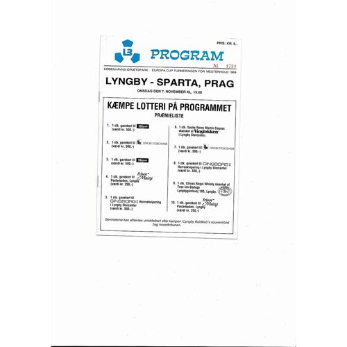 Lyngby v Sparta Prague European Cup Football Programme 1984/85