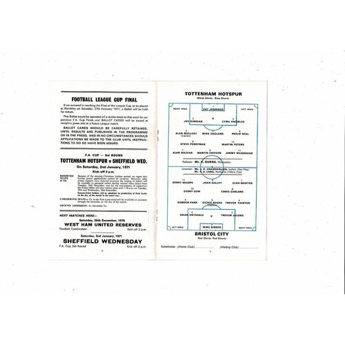 1970/71 Tottenham Hotspur v Bristol City League Cup Semi Final Football Programme