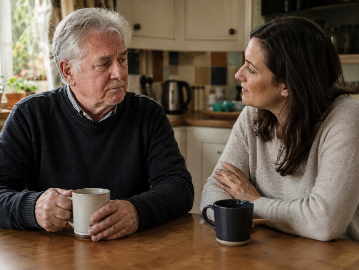 Older man and middle-aged woman sitting at a kitchen table with mugs, having a thoughtful conversation in a warm home setting.