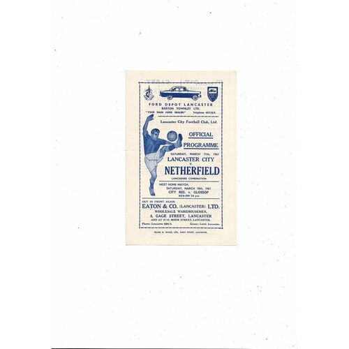 1960/61 Lancaster City v Netherfield Lancashire Combination Football Programme