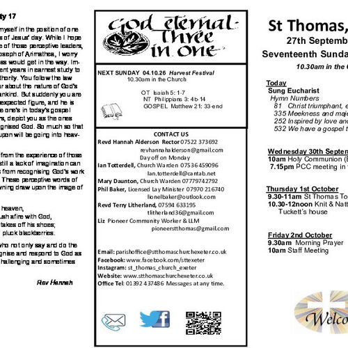 Pew Sheet | The Parish of St Thomas, Exeter