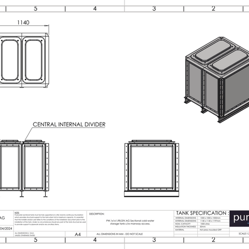 PW.1X1X1.IFB.DIV.AG (0.5+0.5) - 1000 LITRE DIVIDED SECTIONAL WATER TANK, INTERNALLY FLANGED BASE (IFB)