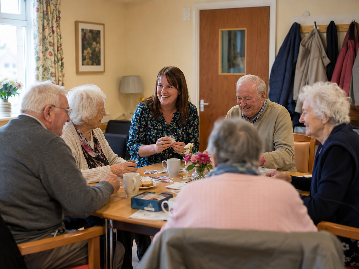 Clients and support worker sat round a table at the dementia day club smiling 