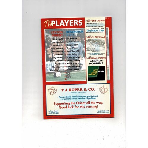 Leyton Orient v Birmingham City Auto Windscreens Area Final Football Programme 1994/95