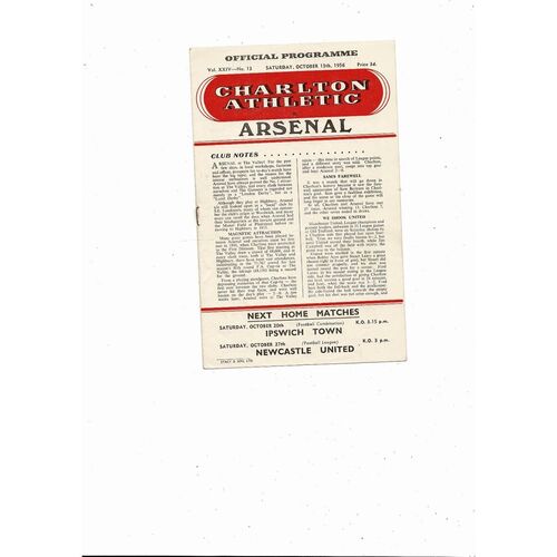 1956/57 Charlton Athletic v Arsenal Football Programme. Auto'd by Holton Arsenal
