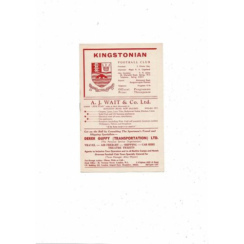 1961/62 Kingstonian v Corinthian Causals Isthmian League Football Programme