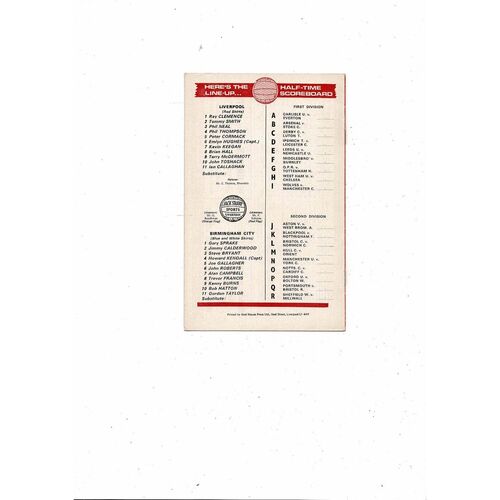 1974/75 Liverpool v Birmingham City Football Programme