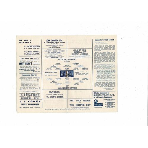 1953/54 Oldham Athletic v Blackburn Rovers Football Programme