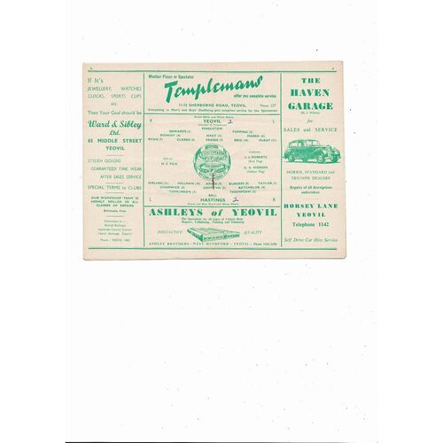 1954/55 Yeovil Town v Hastings Southern League Football Programme