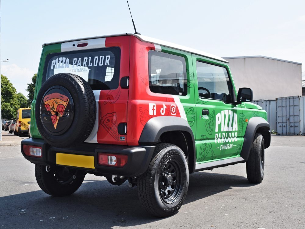 Full vehicle wrap and graphics on Suzuki Jimny Pizza Parlour company car.