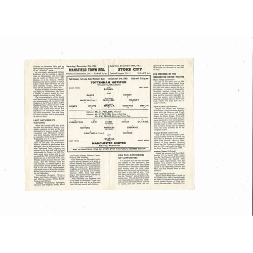Tottenham Hotspur v Manchester United European Cup Winners Cup Football Programme 1963/64 Dec