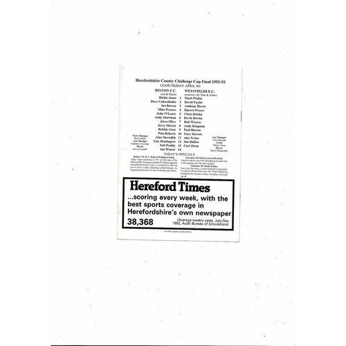 1992/93 Hinton v Westfields Herefordshire County Cup Final Football Programme