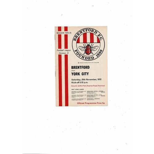 1972/73 Brentford v York City Football Programme