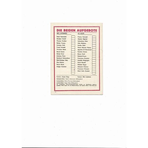 Dynamo Berlin v Roma European Cup Football Programme 1983/84