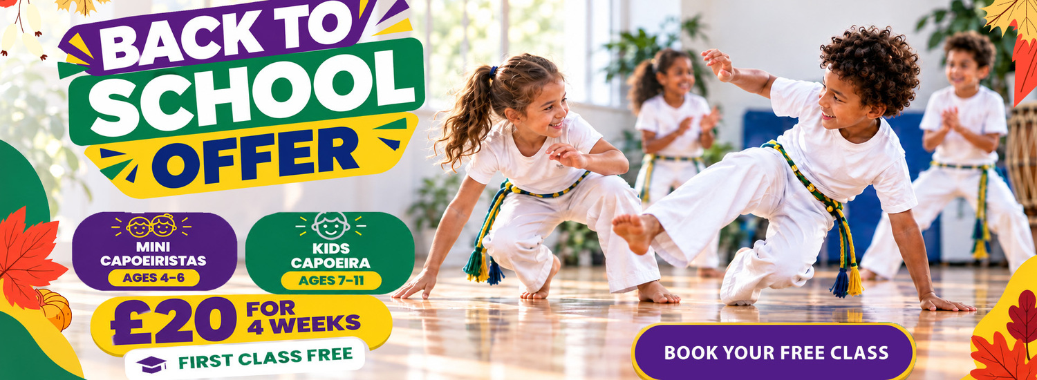 Back-to-school offer for children’s Capoeira classes in Kingston upon Thames, ages 7–12, at QMC School of Capoeira. Explore the offer and book your child’s classes.