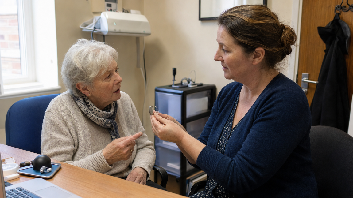 Older woman discussing a hearing aid with a hearing-care professional during a routine appointment.