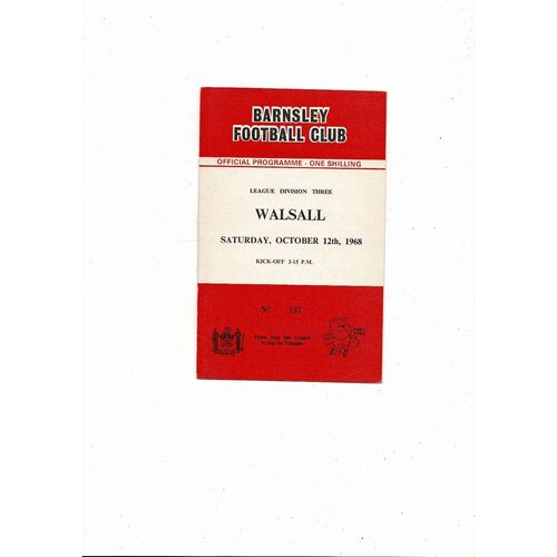 1968/69 Barnsley v Walsall Football Programme