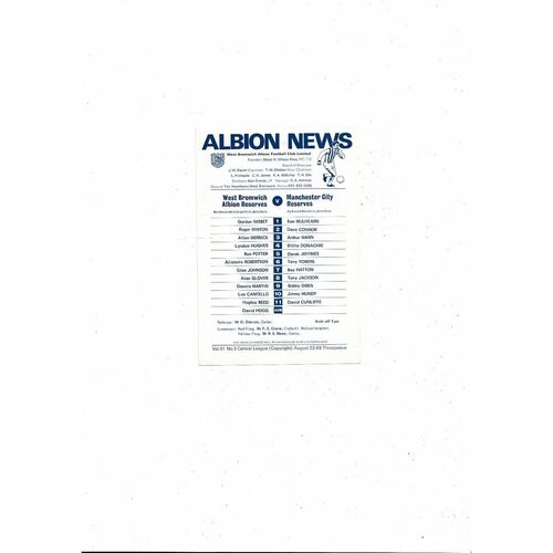 West Bromwich Albion v Manchester City Central League Football Programme 1969/70