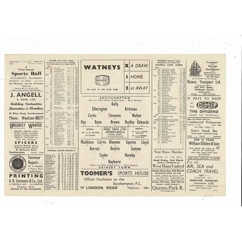 1950/51 Southampton v Grimsby Town Football Programme