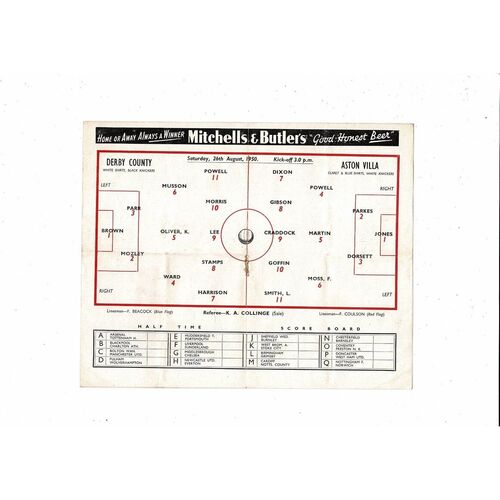 1950/51 Derby County v Aston Villa Football Programme