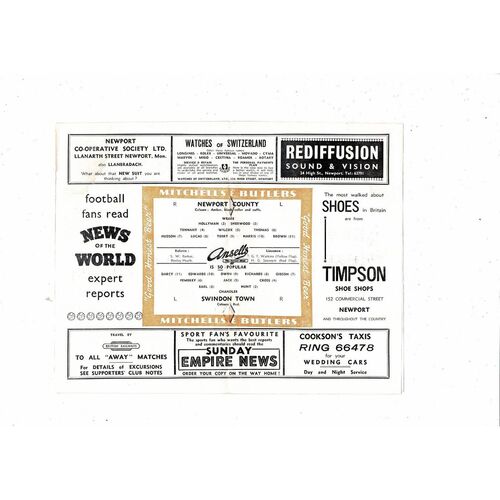 1956/57 Newport County v Swindon Town Football Programme