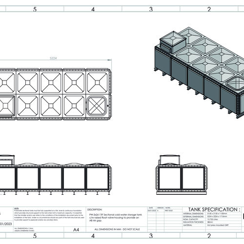 PW.5X2X1.TIF.AB - 12,733 LITRE SECTIONAL WATER TANK, TOTALLY INTERNALLY FLANGED (TIF) C/W FVH