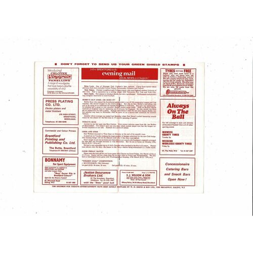 1971/72 Brentford v Colchester United Football Programme