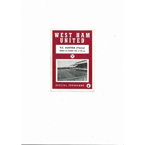 West Ham United v Austria Vienna Friendly Football Programme 1959/60