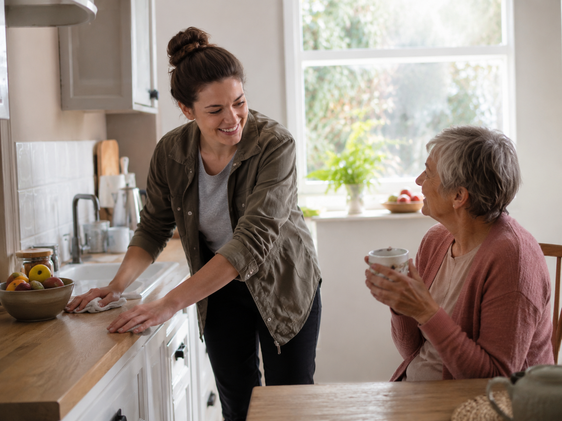 Plain-clothed support worker helping with light kitchen cleaning while chatting with an older woman enjoying a cup of tea at home.