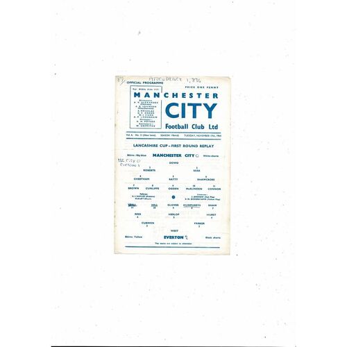 1964/65 Manchester City v Everton Lancashire Snr Cup Replay Football Programme