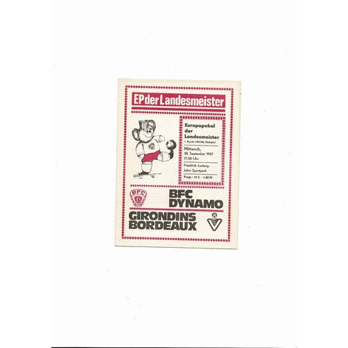 Dynamo Berlin v Girondins Bordeaux European Cup Football Programme 1987/88