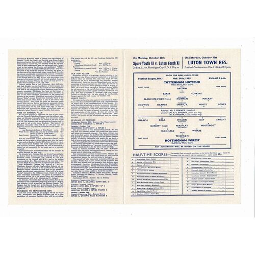 1959/60 Tottenham Hotspur v Nottingham Forest Football Programme