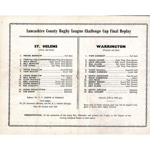 1967 St. Helens v Warrington (02/12/1967) Lancashire County Challenge Cup Final Replay Rugby League Programme