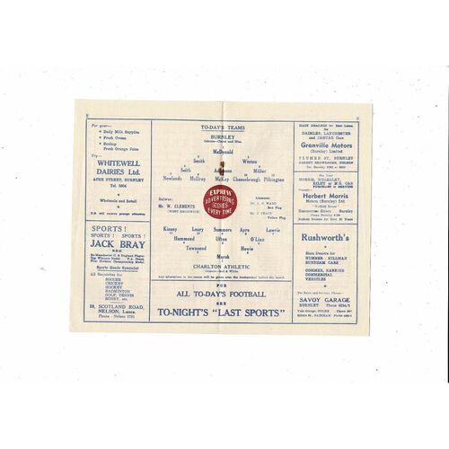 1956/57 Burnley v Charlton Athletic Football Programme