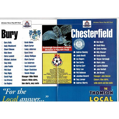 1995 Bury v Chesterfield Play Off Final Div 3 Football Programme + Press Cutting