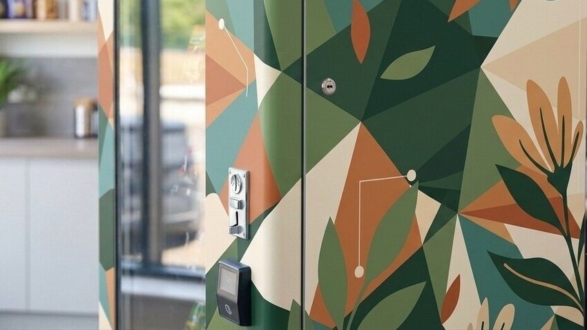Close-up of a modern vending machine wrapped in a floral abstract geometric matte vinyl graphic kit.