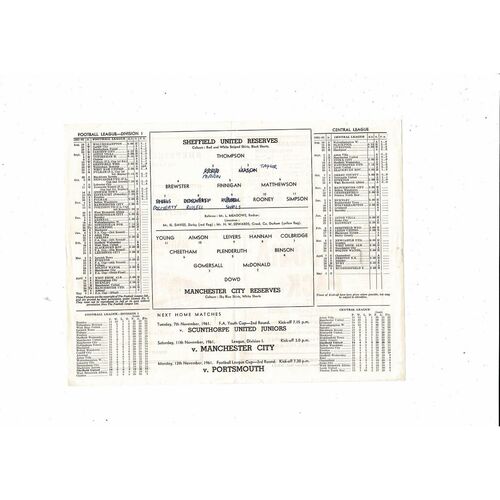 Sheffield United v Manchester City Central League Football Programme 1961/62