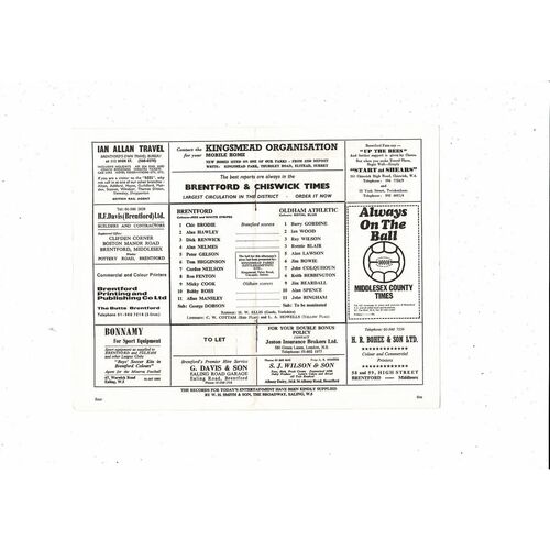 1969/70 Brentford v Oldham Athletic Football Programme