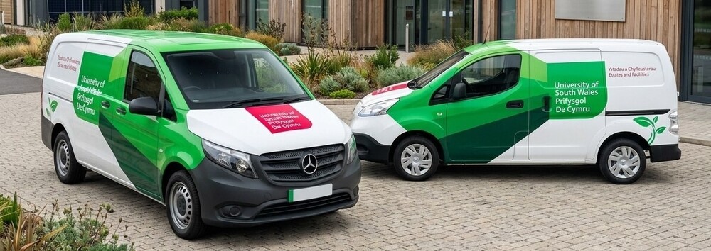 Sustainable fleet livery on modern commercial vehicles.