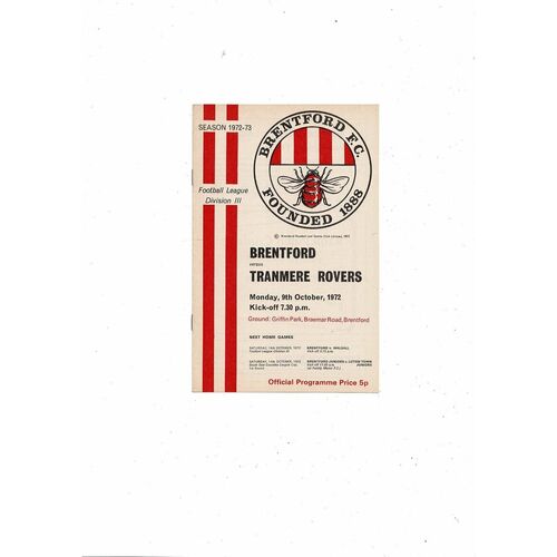 1972/73 Brentford v Tranmere Rovers Football Programme