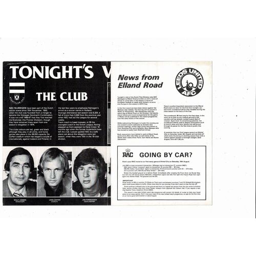 Leeds United v NEC Nijmegen Friendly Football Programme 1979/80