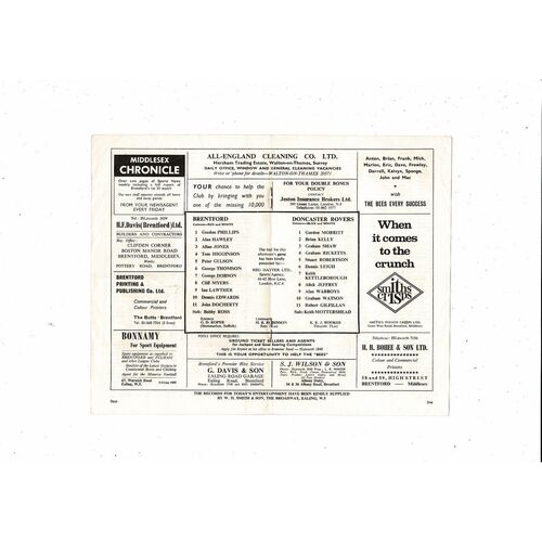 1967/68 Brentford v Doncaster Rovers Football Programme