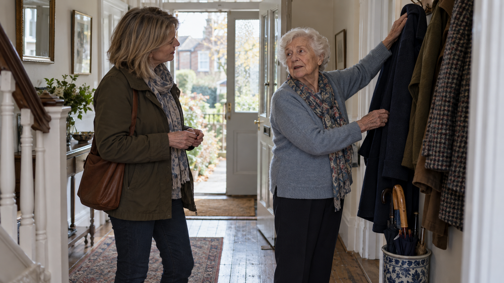 An older woman choosing her coat while talking with her daughter at home.