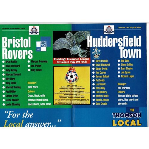 1995 Bristol Rovers v Huddersfield Town Play Off Final Div 2 Football Programme + Press cutting