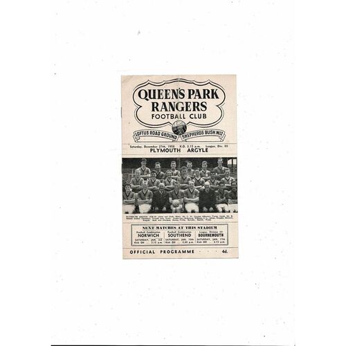 1958/59 Queens Park Rangers v Plymouth Argyle Football Programme