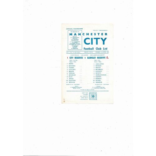 Manchester City v Barnsley Central League Football Programme 1967/68