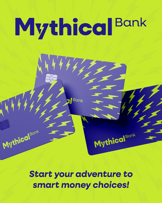  Mythical Bank redesign from the apprentice. Dark navy and bright green logo design and bank card design with lighting bolts
