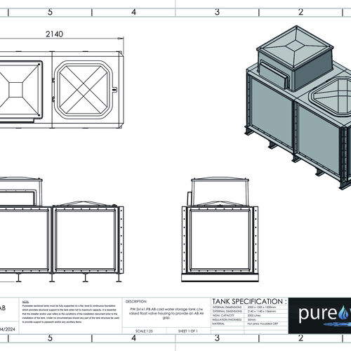 PW.2X1X1.IFB.AB - 2000 LITRE SECTIONAL WATER TANK, INTERNALLY FLANGED BASE (IFB) C/W FVH
