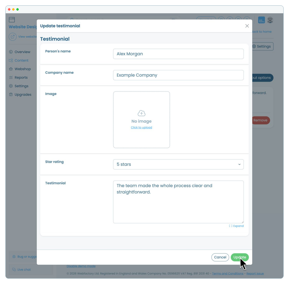 How to add and manage testimonials on a website page | Webfactory Support | Webfactory